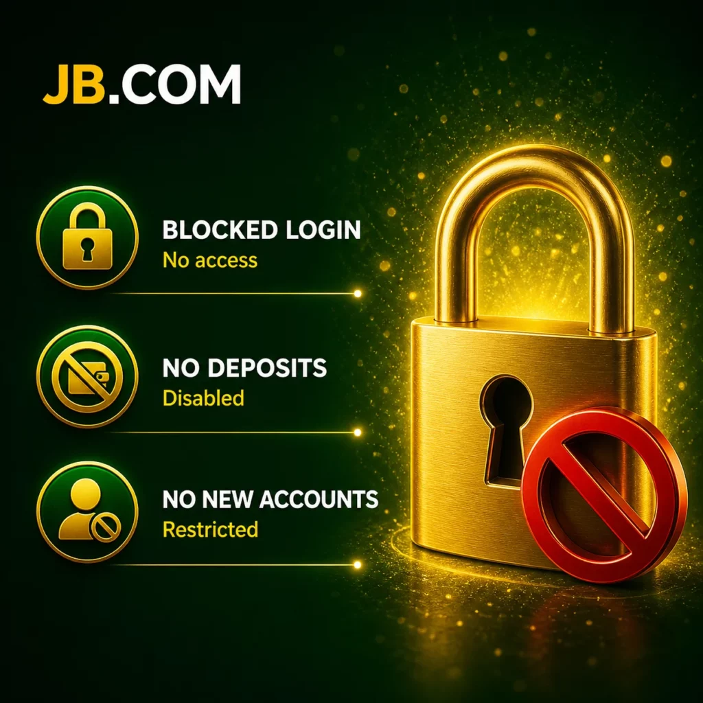 JB.COM account blocked concept with lock icon and restricted access in green casino style