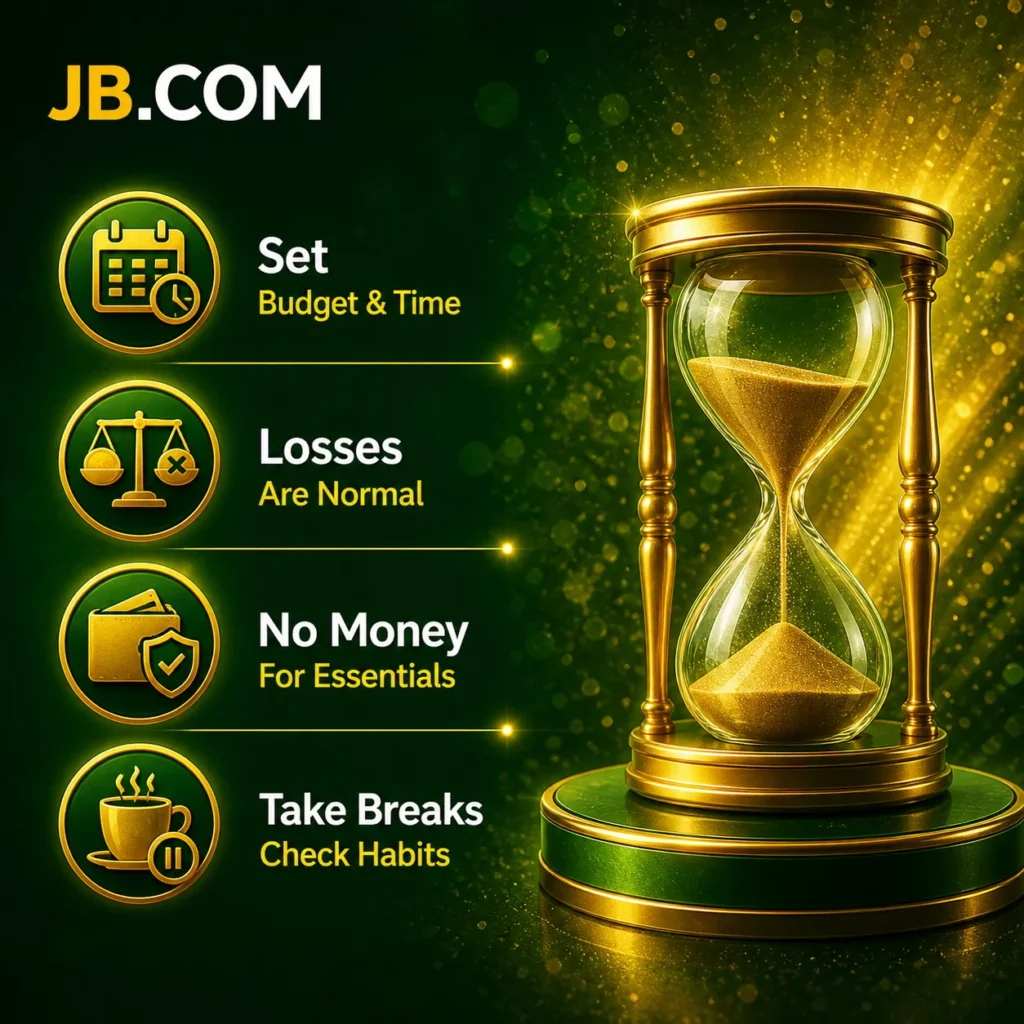 JB.COM responsible gaming concept with hourglass and budget control in green casino style