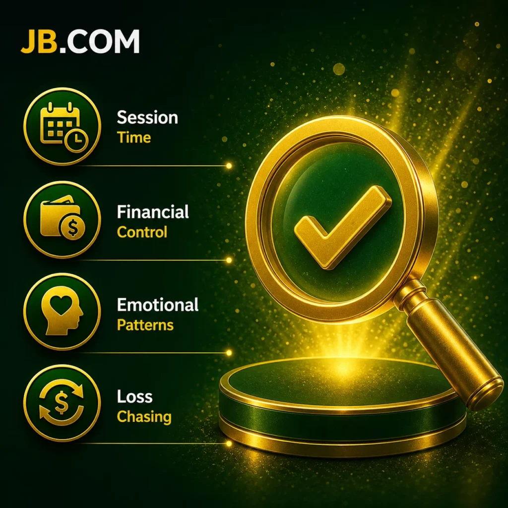JB.COM responsible gaming control concept with magnifier and checkmark in green casino style