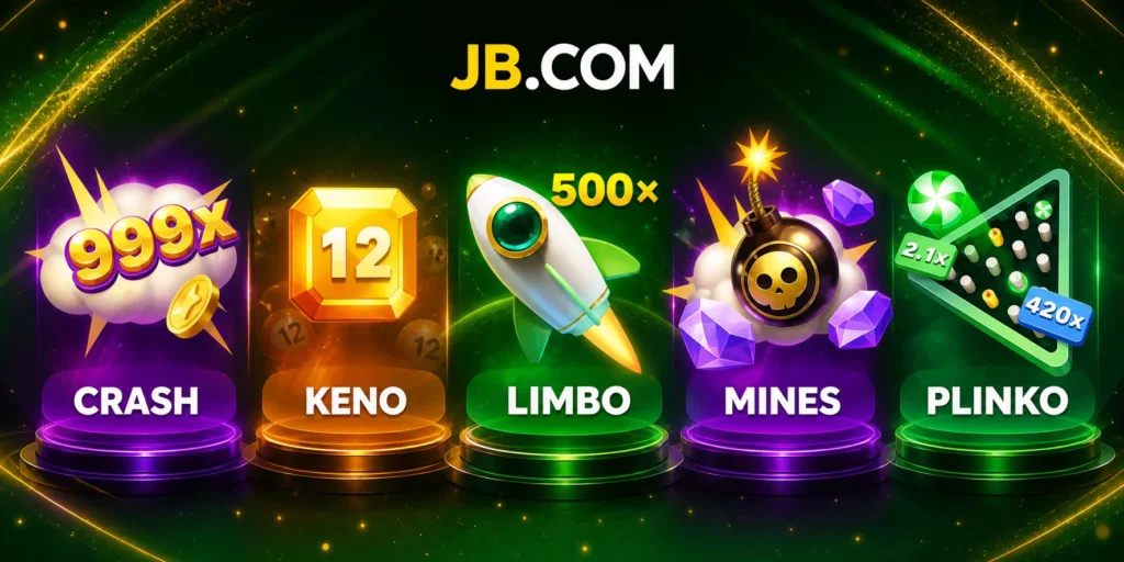 JB.COM casino games banner with Crash, Keno, Limbo, Mines and Plinko icons in bright neon style