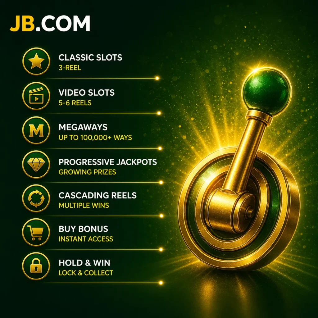 JB.COM slot types overview with reels and features in green casino style