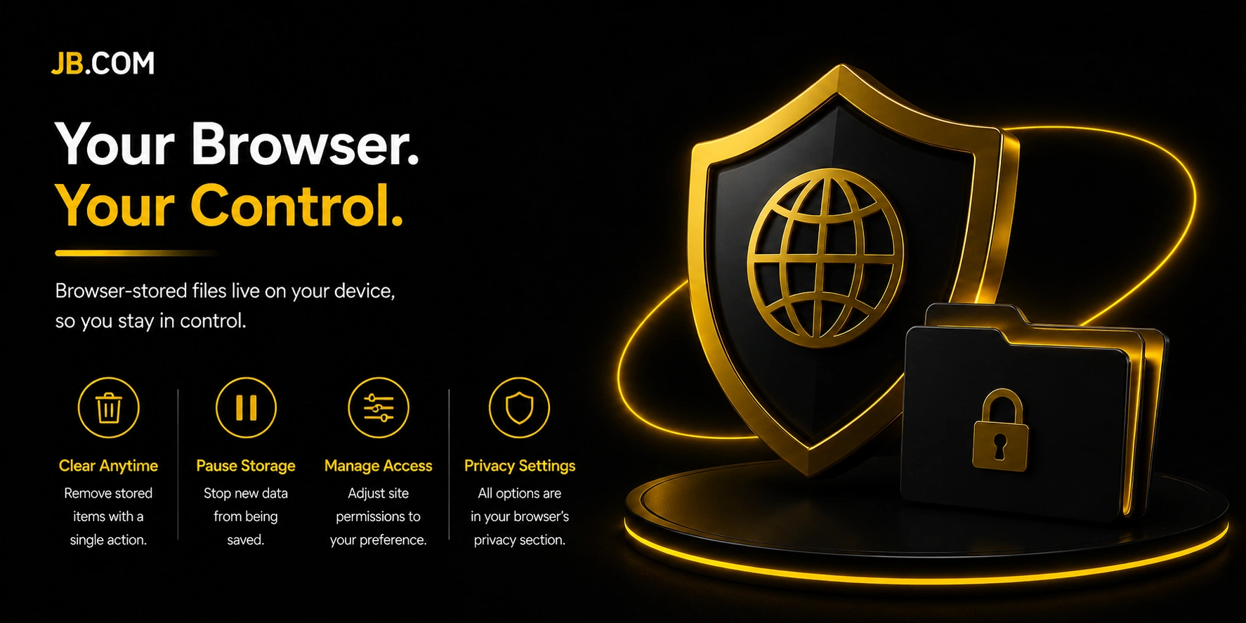 JB.COM privacy-focused visual presenting browser data controls — clear, pause, manage, and adjust settings — next to a globe-bearing shield and locked folders