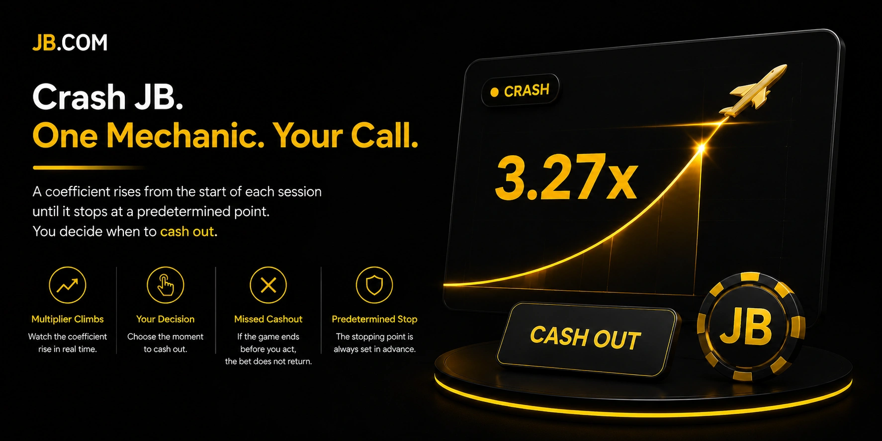 Promotional design for Crash on JB.COM breaking down multiplier climbing, cashout decisions, and predetermined stop mechanics alongside a 3.27x coefficient screen