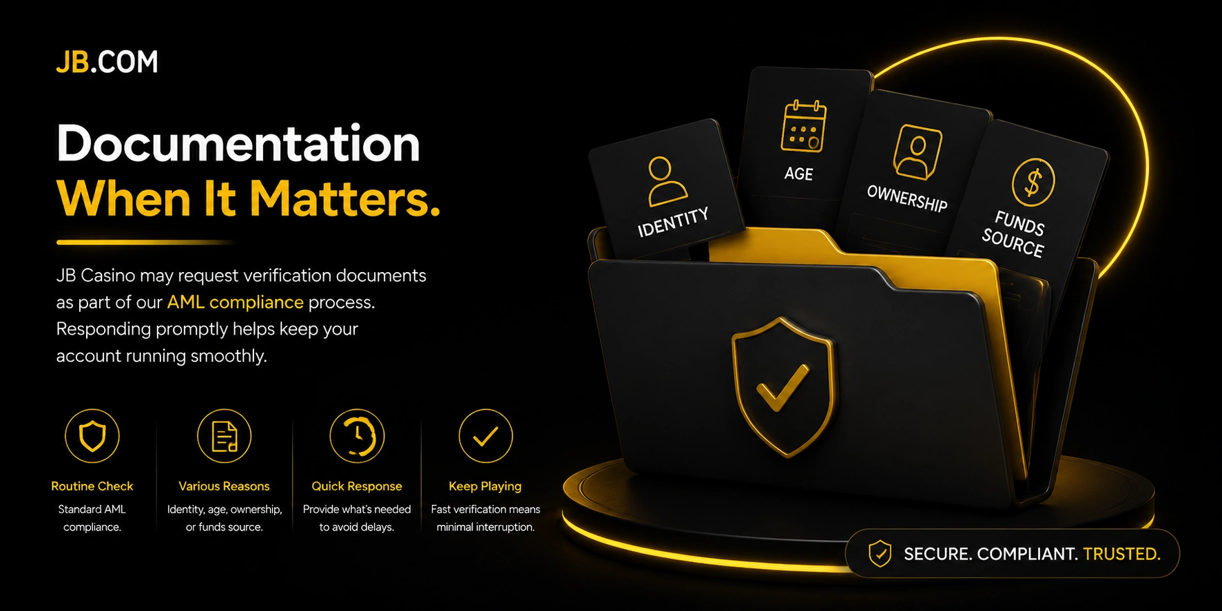 Design for JB Casino's verification page with identity, age, ownership, and funds source cards emerging from a secure folder beneath a protective gold shield
