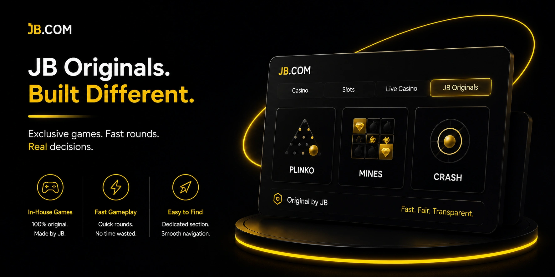 JB.COM website mockup highlighting the Originals section with Plinko, Mines, and Crash tiles, emphasising in-house development and fast round gameplay