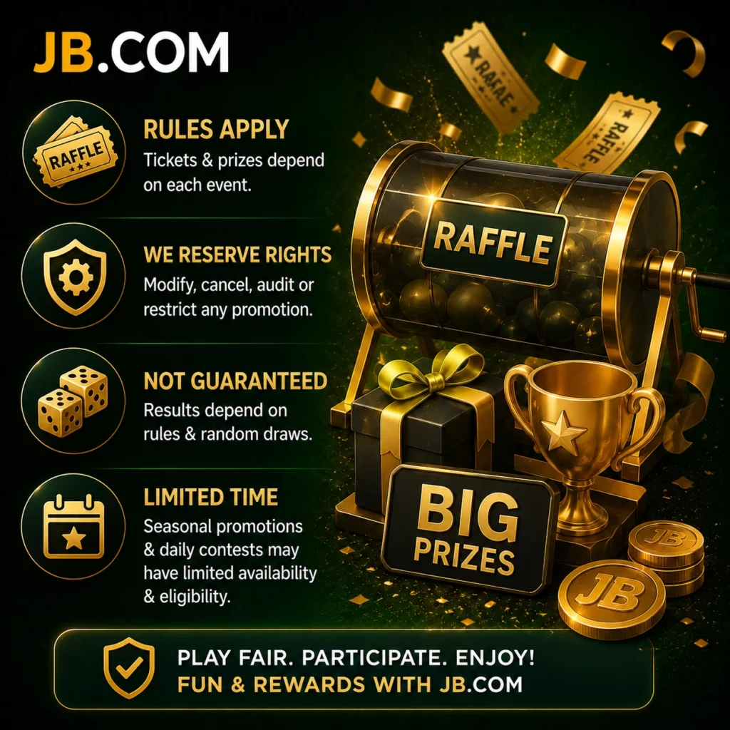 JB.COM raffle rules with prizes, event limits and random draw conditions.