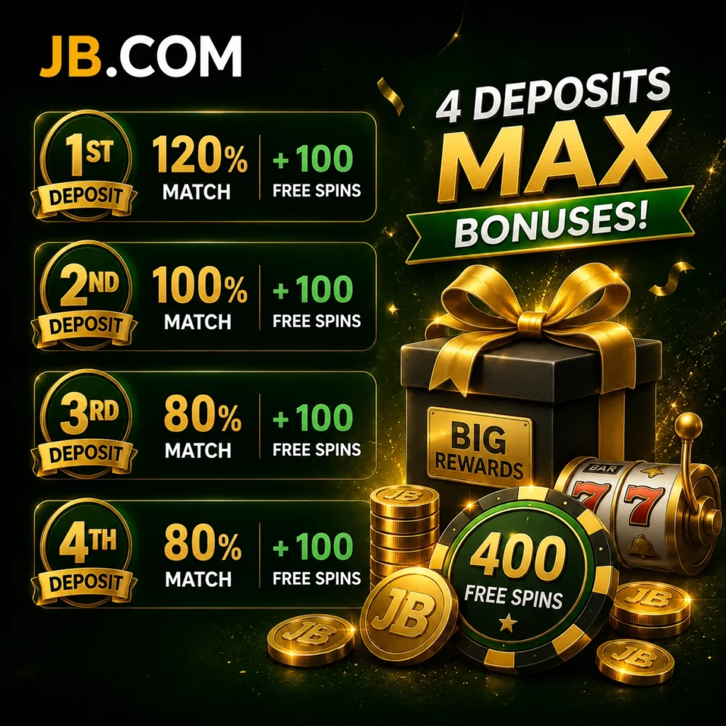 JB.COM welcome bonus with four deposit rewards and 100 free spins.