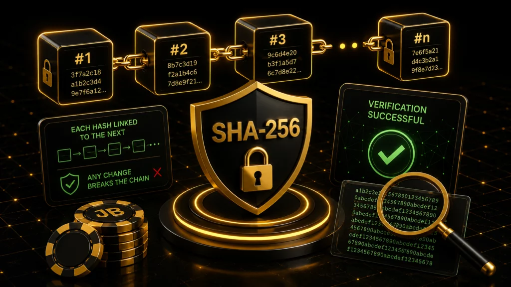 SHA-256 hash chain verification for JB.COM games